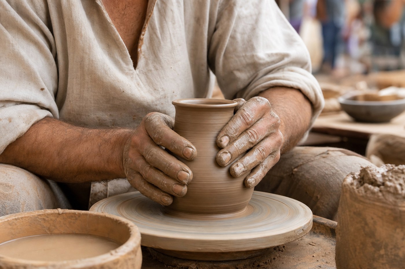 Rina K. shaping clay on a pottery wheel