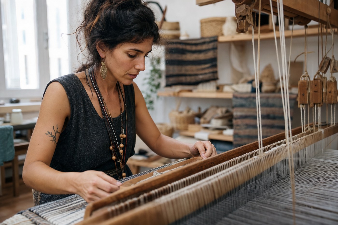 Maya L. weaving on a traditional loom